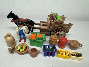 Playmobil Harvest Cart - Horse Drawn Wagon W/ Farmer Figure Food Baskets Lot Set - Picture 1 of 7