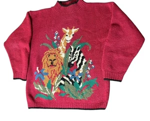 Vintage Charter Club Damenpullover reine Wolle afrikanische Tiere Größe Large rot Stehkragen - Bild 1 von 11