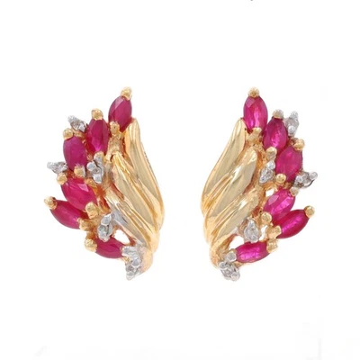 Yellow Gold Ruby & Diamond Lg Cluster Stud Earrings 10k Marquise 1.59ctw Pierced - Image 1 of 4