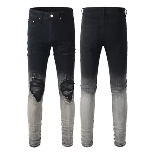 Men's Knee Ripped Pleated Patchwork Slim fit Black Stretch Double tone Jeans - Picture 1 of 13