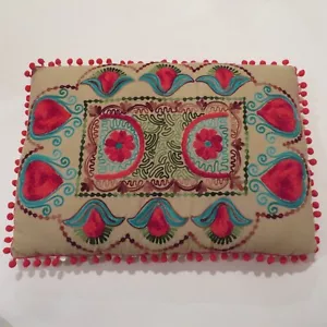 Karma Living Boho Colorful Embroidered Floral Heart Chenille Pillow 18.5" x 13" - Picture 1 of 16