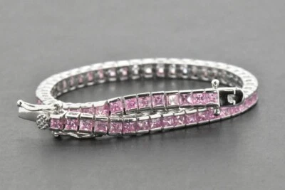 Brazalete Tenis Zafiro Rosa Creado en Laboratorio Corte Princesa 12CT Oro Blanco 14K Sobre Foto 1 de 3