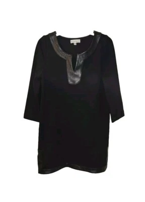 Elle Lauri Black Shift Dress Size Medium Faux Leather Trim 3/4 Sleeves  - Image 1 of 2