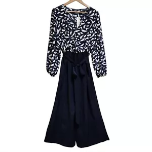 Bloomchic Jumpsuit Women 2X Navy White Surplice Neck Wide Leg Tie Waist Flowy - Picture 1 of 11