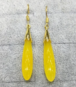 Green Red Purple Yellow Jade Agate Long Water Drop 18KGP Hook Dangle Earrings - Picture 1 of 24