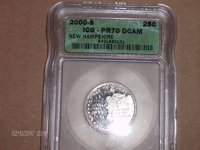 2000 S CLAD QUARTER NEW HAMPSHIRE ICG PF 70 DEEP CAMEO "PERFECT" STATE QUARTER - Image 1 of 2