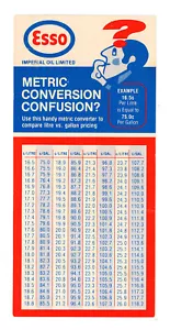ESSO IMPERIAL OIL LTD. (C. 1975) METRIC CONVERSION CARD CANADA GAS LITRE VINTAGE - Picture 1 of 4
