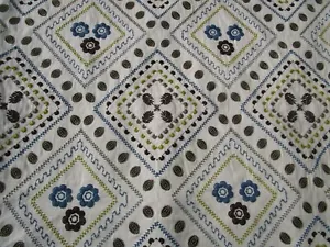 Embroidered Crewel Folk Art Fabric Indigo Blue Chartreuse Brown 31"x53"W units - Picture 1 of 6