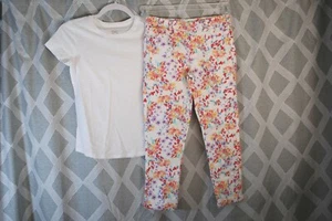 Girls Outfit WHITE S/S T-SHIRT Jeggings Pants FLOWERS Yellow Coral Purple XS 4-5 - Picture 1 of 5