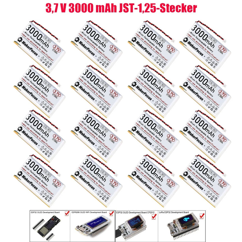 16Stück 3000mAh 3,7V 1S ESP32 Lithium Batterien Micro JST 1,25 Stecker Lipo Akku - Bild 1 von 4