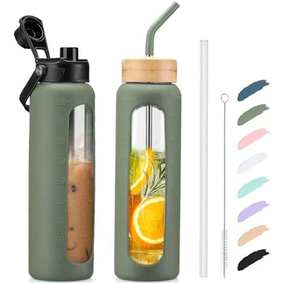  Water Bottle with Straw, 24 oz Glass water Bottle with 2 Lids 32 Ounces Olive - Image 1 of 4