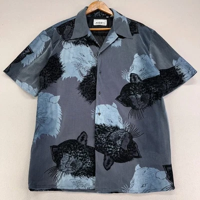 VTG PRONTI Sheer Shirt Mens Large Jaguar Big Cats Velvet All Over Print Y2K - Image 1 of 4