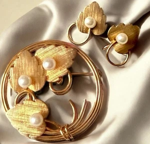 Gold Filled Pearl Set Brooch Earrings Vintage 12K GF A&Z on Card - Picture 1 of 12