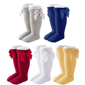 Knee High Bow Socks, White gray Red Navy Blue Mustard, 5 pair - Picture 1 of 6
