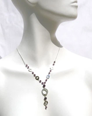 Y-Kette 925 Silber 15x lila Amethyst facettiert Silber Kreise gehämmert gebürste - Bild 1 von 4