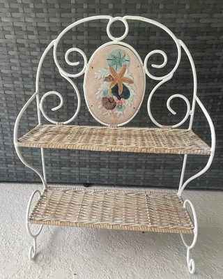 Vtg White Iron Metal & Natural Wicker 2 tier Shelf Vanity sea shell Stand Hang - Image 1 of 4