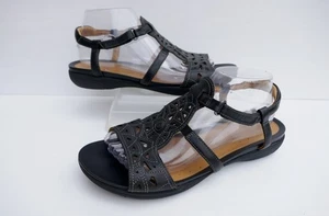 CLARKS UNVALENCIA BLACK LEATHER/LEATHER LINED CUTOUT VINTAGE LOOK SANDALS UK6.5E - Picture 1 of 16