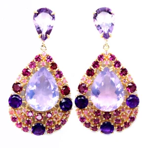 Gemstone Lavender Quartz, Amethyst, Rhodolite Garnet Earrings 925 Silver - Picture 1 of 4