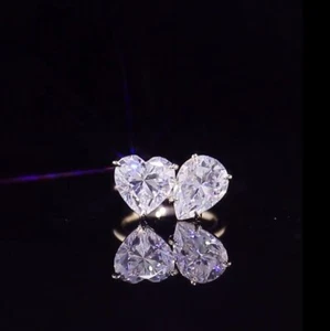 3 CT Toi Et Moi Two Stone Sterling Silver Moissanite Heart & Pear Cut Ring - Picture 1 of 5