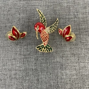 Hummingbird Bird Brooch Figural Enameled Rhinestone With Earrings Set 1990’s - Picture 1 of 6