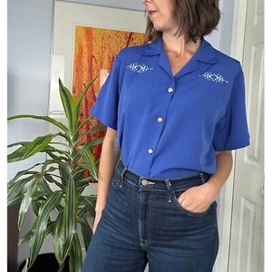 Camicia da bowling ricamata Your Way top con bottoni manica corta blu L - Foto 1 di 4