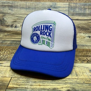 Rolling Rock Mens Trucker Hat Blue Snapback 1939 American Lager Beer Ball Cap - Picture 1 of 6