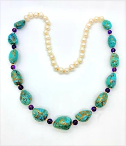 HSN Colleen Lopez Sterling Gems Amethyst, Turquoise & Pearl 30" Necklace - Picture 1 of 4