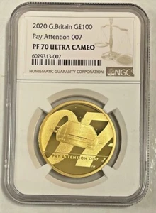 Moneda de oro Bond 2020 Pay Attention 1 oz £100 prueba PF 70 - Imagen 1 de 2