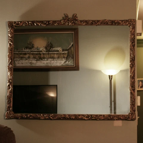 Vintage 43" x 35" Wooden Gilt Gold Hollywood Regency Neoclassical Wall Mirror Cover