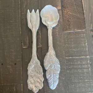 vintage silver tone serving spoon and fork vegetable themed HK7 - Picture 1 of 3