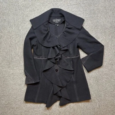 Abrigo negro 100 % lana con volantes de longitud media Icelandic Designs grande para mujer Foto 1 de 4