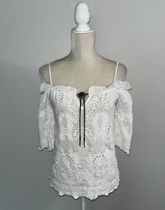 THE KOOPLES Schulterfreie Bluse weiß Lochspitze 3/4 Ärmel Western Oberteil 2 M - Bild 1 von 12