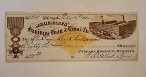 1880 Chicago Merchants Savings Loan & Trust Co assegno bancario McCormick raccolta - Foto 1 di 5