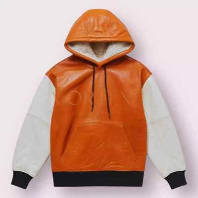 Sudadera con capucha de cuero naranja premium para hombre de piel de cordero con capucha estilo clásico Foto 1 de 3