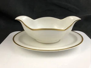 Vintage Haviland Schl. 20 Ivory Gold Band Gravy Boat w/ Attached Underplate - Picture 1 of 10