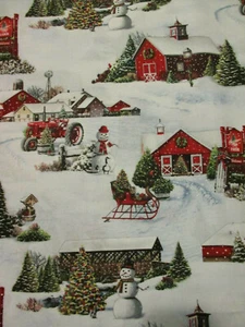 VINTAGE TRACTOR BARN SLED SNOWMAN SNOW COTTON FABRIC FQ - Picture 1 of 6