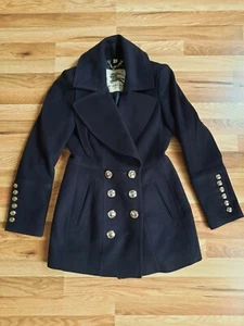 Burberry London Wool Cashmere Peblum Pea Coat Womens Sz 8 Gold Button Detail - Picture 1 of 12