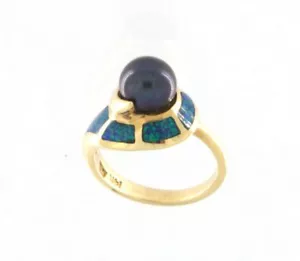 Meraviglioso anello in oro fine con perle nere e opali oro giallo 14 kt misura 7,25 - Foto 1 di 5