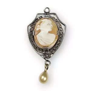 Antique Sterling Cameo Pendant Art Deco Filigree Carved Shell Pearl 925 Silver - Picture 1 of 12