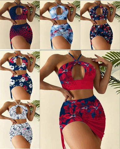 New England Patriots 2pcs Halter Neck Bikini Set Cutout Swimsuit Sexy Bodycon Cover