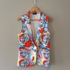 GUAPA Women’s Colorful Abstract Face Print Collared Casual Vest M/L - Picture 1 of 8