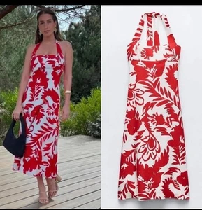 ZARA NEW WOMAN MIDI PRINTED LINEN BLEND DRESS WHITE RED Size L 3316/480 - Picture 1 of 12