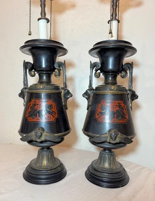 Pair of antique Egyptian Revival figural bronze marble urn ewer table lamps - Image 1 of 4