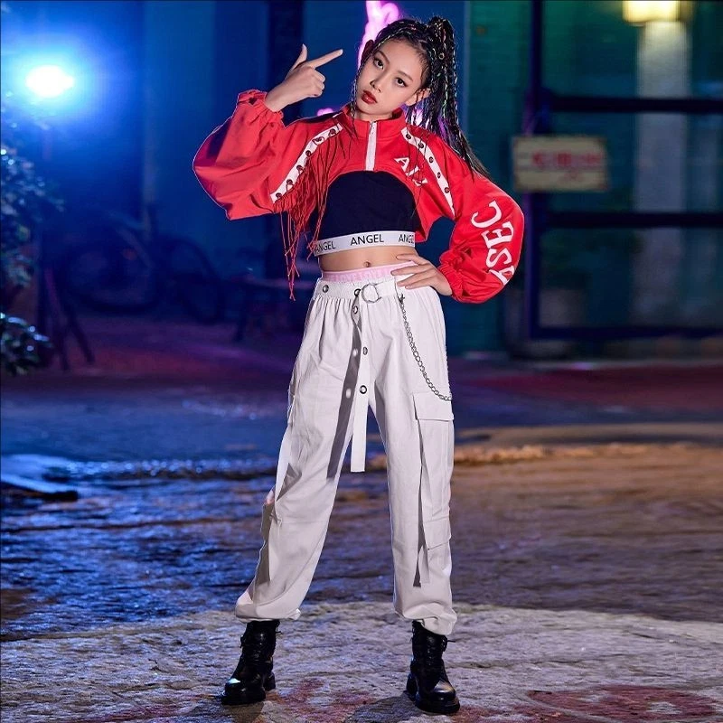 Hip Hop Street Dance Costume Girls Jazz Modern Tap Outfit Vest Coat Cargo Pants - Image 1 of 4