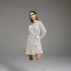 👉RI⭐️Women❤️Silver A line Sequin Belted Swing Mini Dress👌Size 10🌺 - Picture 1 of 6