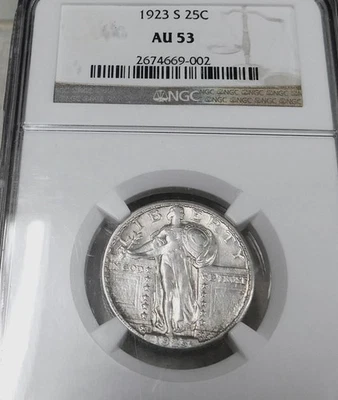 NGC AU53, 1923 S STANDING LIBERTY QUARTER BEAUTIFUL EYE APPEAL VERY SCARCE - Image 1 of 2
