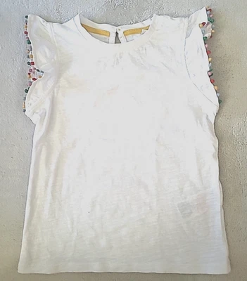 Mini Boden Girls White Pom Pom Sleeve Top 4-5Y Flutter Tee Keyhole Back Cotton - Image 1 of 4