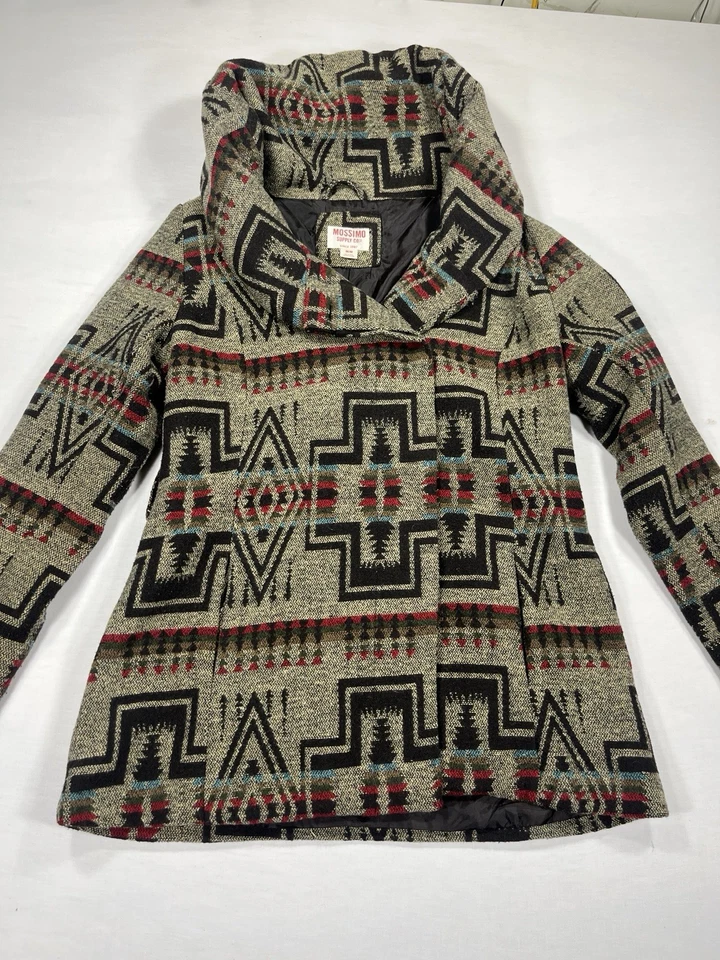 Chaqueta De Colección Mossimo Supply Azteca Con Capucha Marrón Cinturón Mujer M Forrada Con Botones Foto 1 de 4