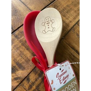 Wooden Spoon Red Silicone Rest Cooking Utensil Set Seasons Eating Holiday 13"NEW - Picture 1 of 4