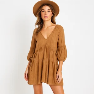 Sovere Tiered Long Sleeve Mini Dress Size 8 Tan Brown 100% Cotton Boho Style - Picture 1 of 10